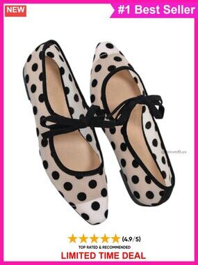 Women's Polka Dot Mesh Ballet Flats Bow Knot Slip On Pointed Toe Ballerina Shoes